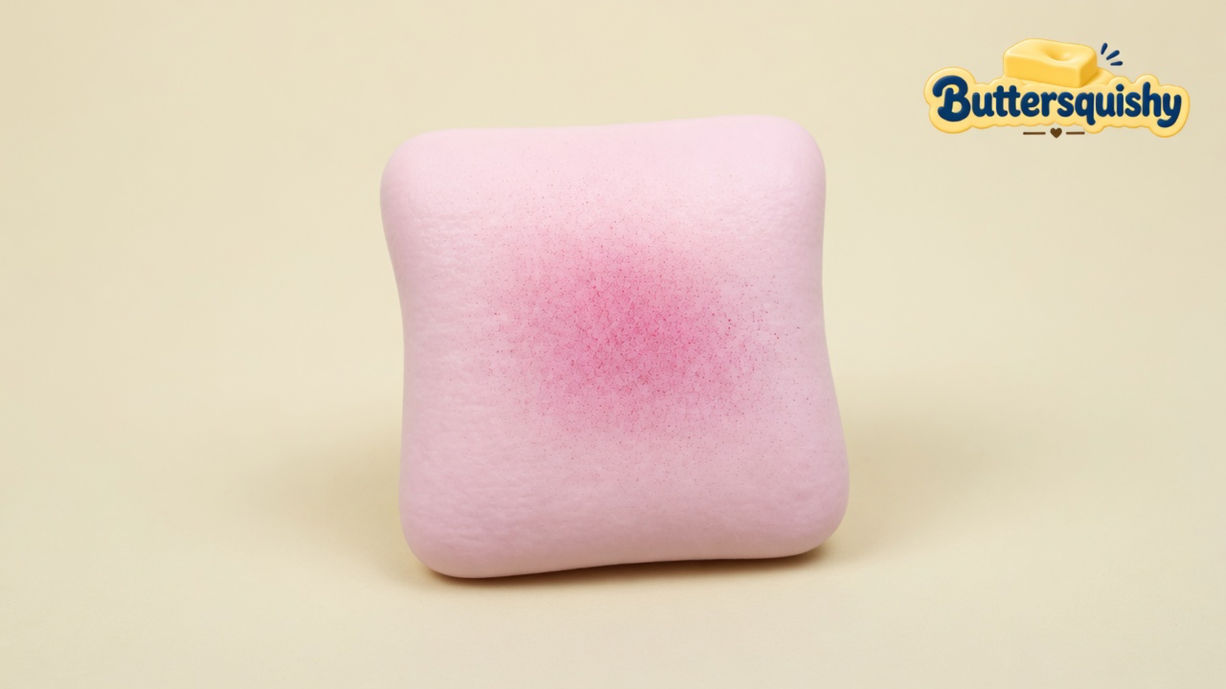 A pale-pink rounded-square bread loaf squishy with a raspberry-magenta spray in the center on a light-yellow cream studio, Buttersquishy logo in the upper right