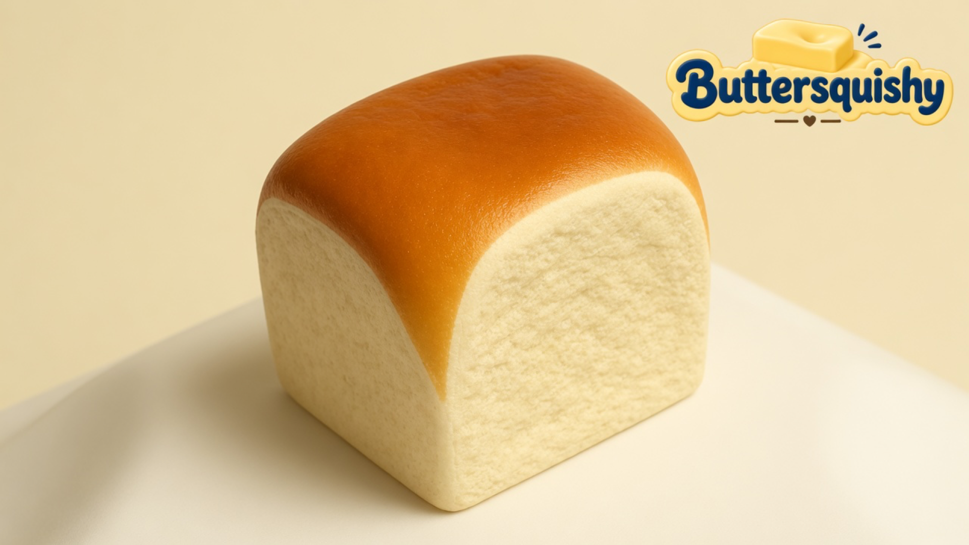 A milk-bread toast loaf toy with a golden toasted cap and cream crumb sides on a light-yellow cream studio table, Buttersquishy logo in the upper right