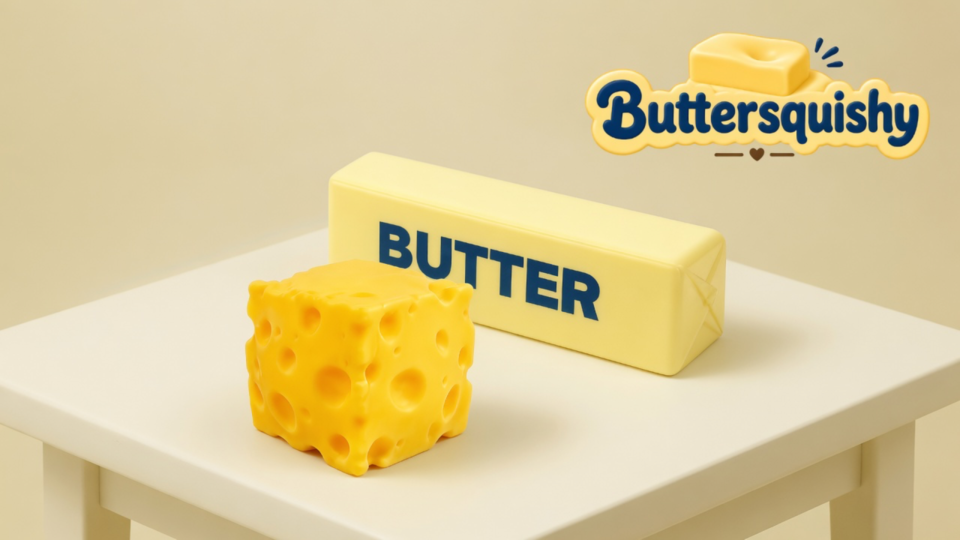 A cheddar-yellow holey cheese cube and a pale-yellow BUTTER stick on a cream studio table, Buttersquishy logo in the upper right