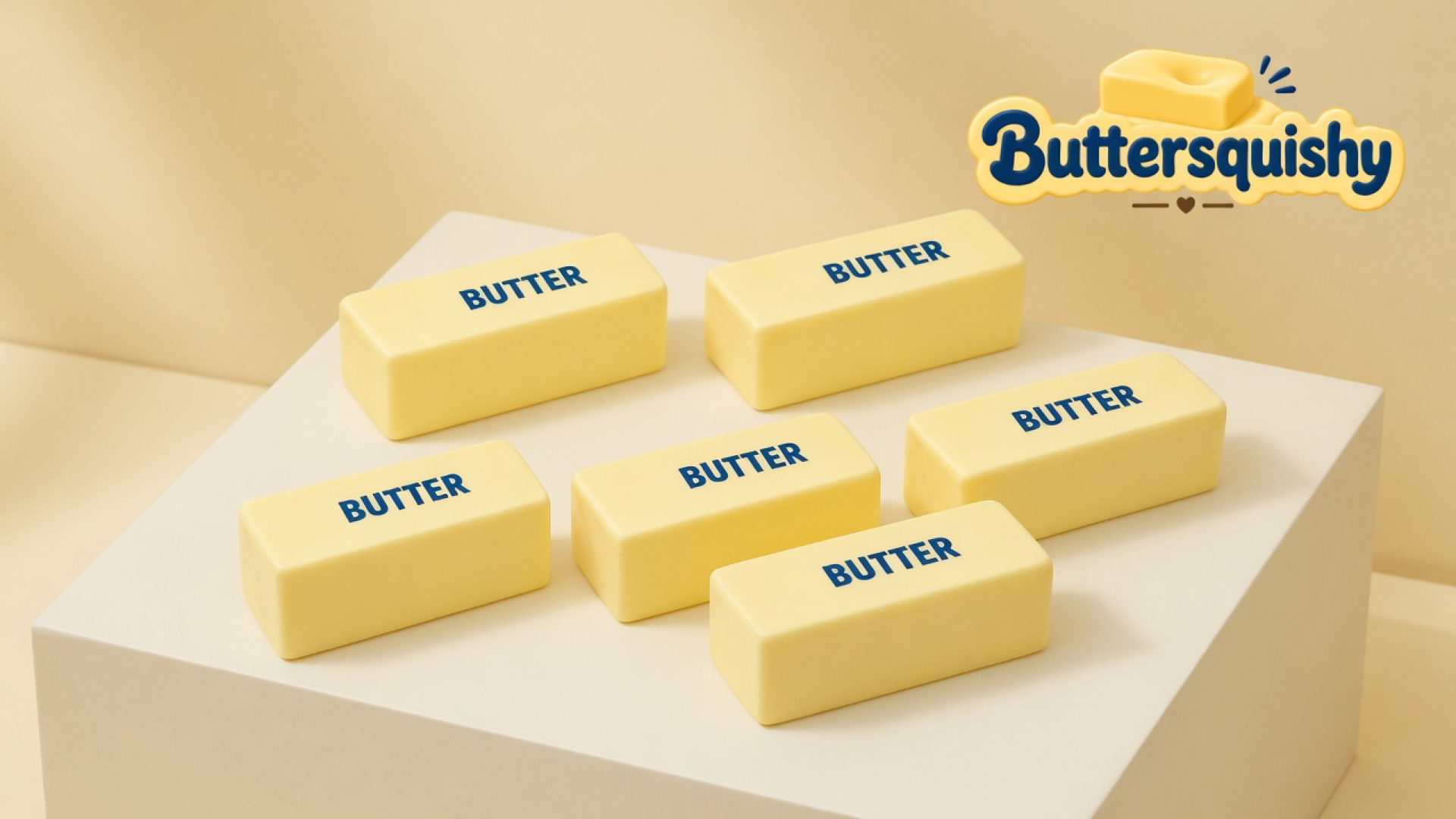 Six pale-yellow Classic Butter Stick 4oz loaves printed with navy BUTTER on a light-yellow cream studio pedestal, Buttersquishy logo in the upper right