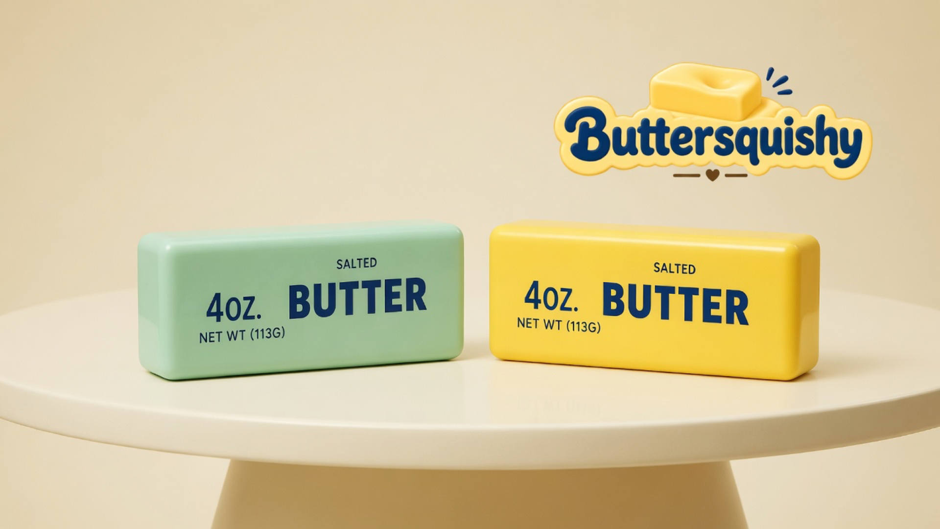 Mint-green and lemon-yellow Mint Lemon Crunch Butter sticks with navy SALTED BUTTER print on a cream studio table, Buttersquishy logo in the upper right