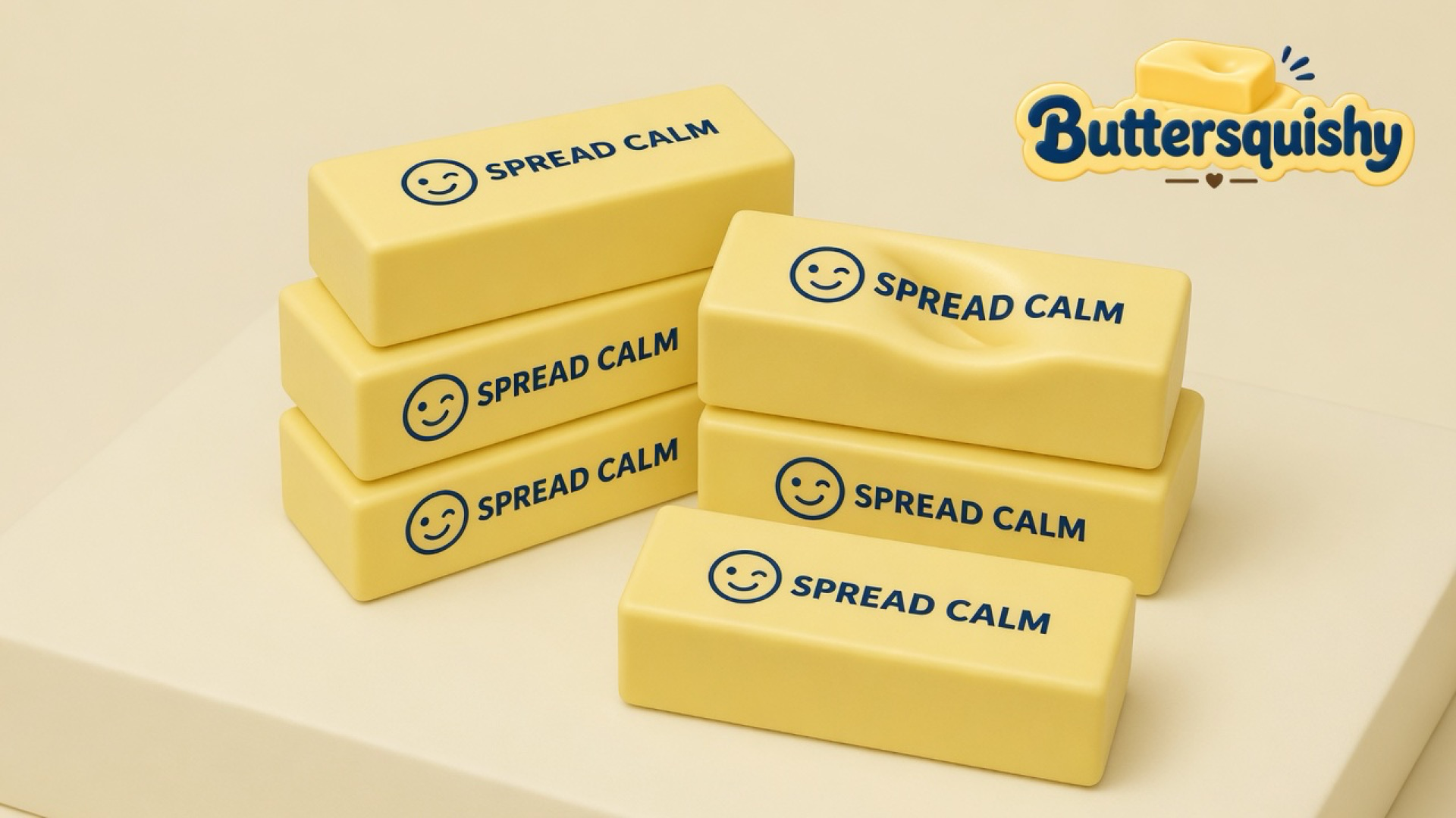 Six pale-yellow Smile Cube Butter sticks printed with a navy smiley and SPREAD CALM on a light-yellow cream studio surface, Buttersquishy logo in the upper right