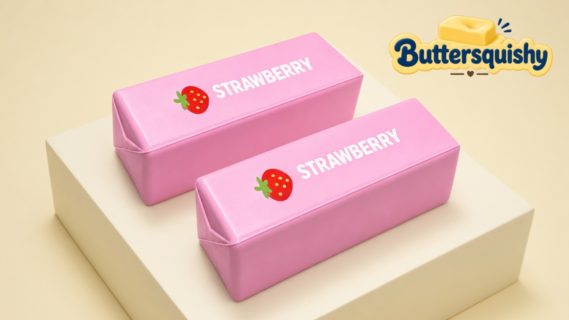 Two candy-pink strawberry-print butter-stick toys on a light-yellow cream studio platform, Buttersquishy logo in the upper right