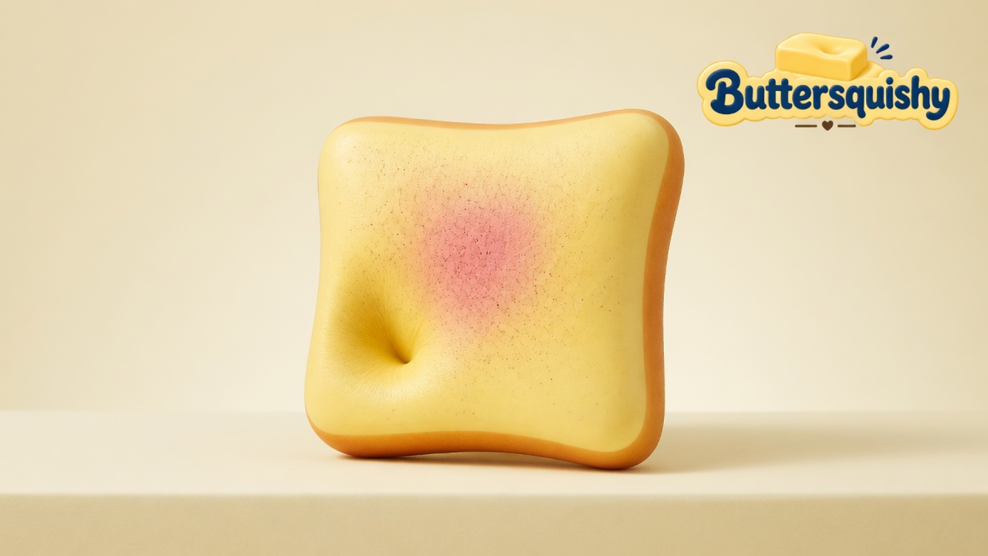 Square toast-slice toy with a pale crumb face, pink toasted blush, golden crust rim, and a finger dent, on a soft light-yellow cream studio table, Buttersquishy logo in the upper right