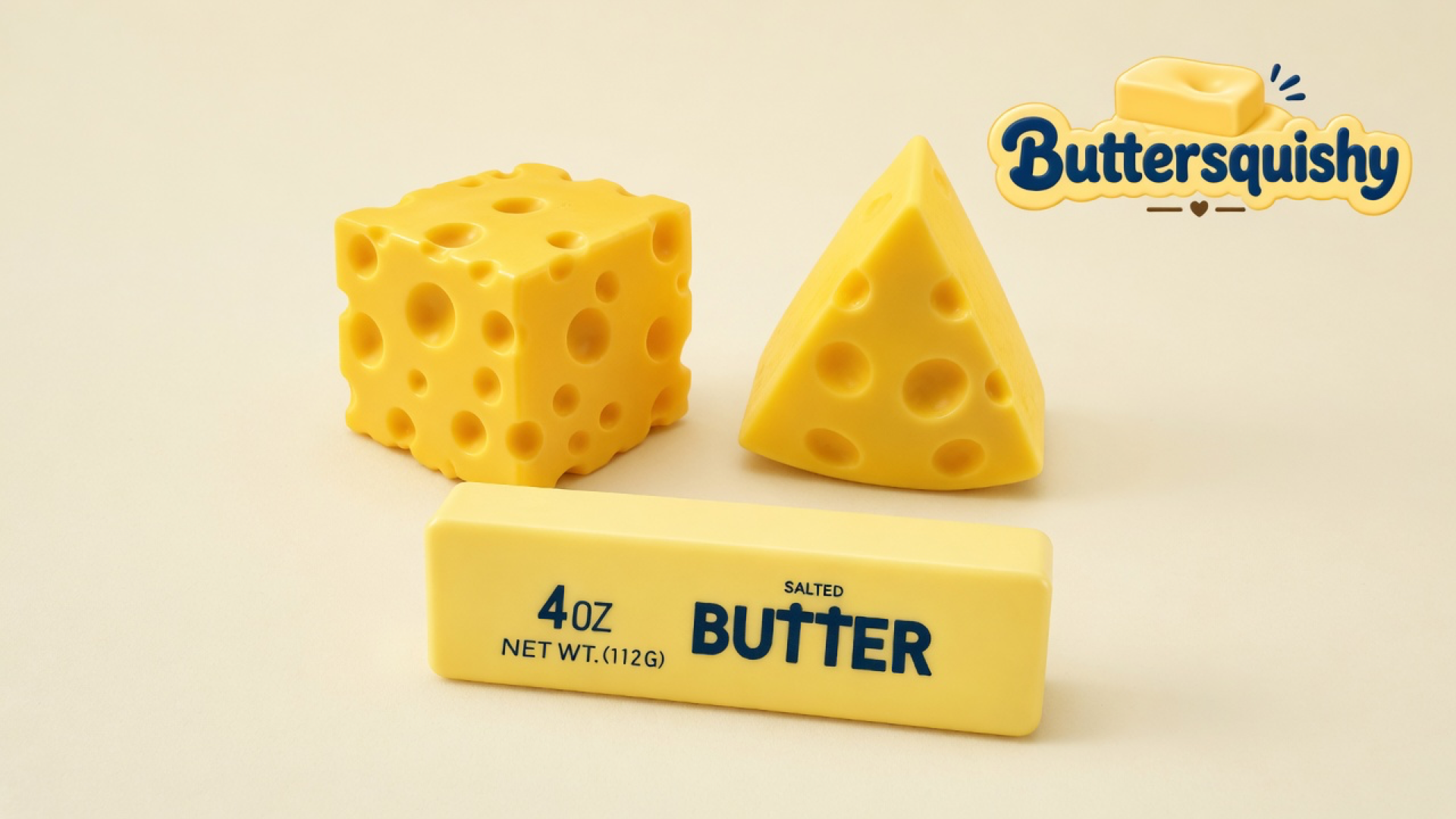 Yellow holey cheese cube, triangular cheese wedge, and a pale 4OZ SALTED BUTTER stick on a soft light-yellow cream studio surface, Buttersquishy logo in the upper right