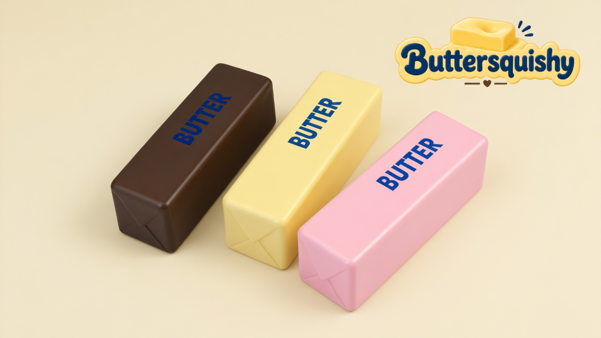 Three Chocolate Berry Butter sticks in brown, cream, and pink with BUTTER prints on a cream studio surface, Buttersquishy logo in the upper right