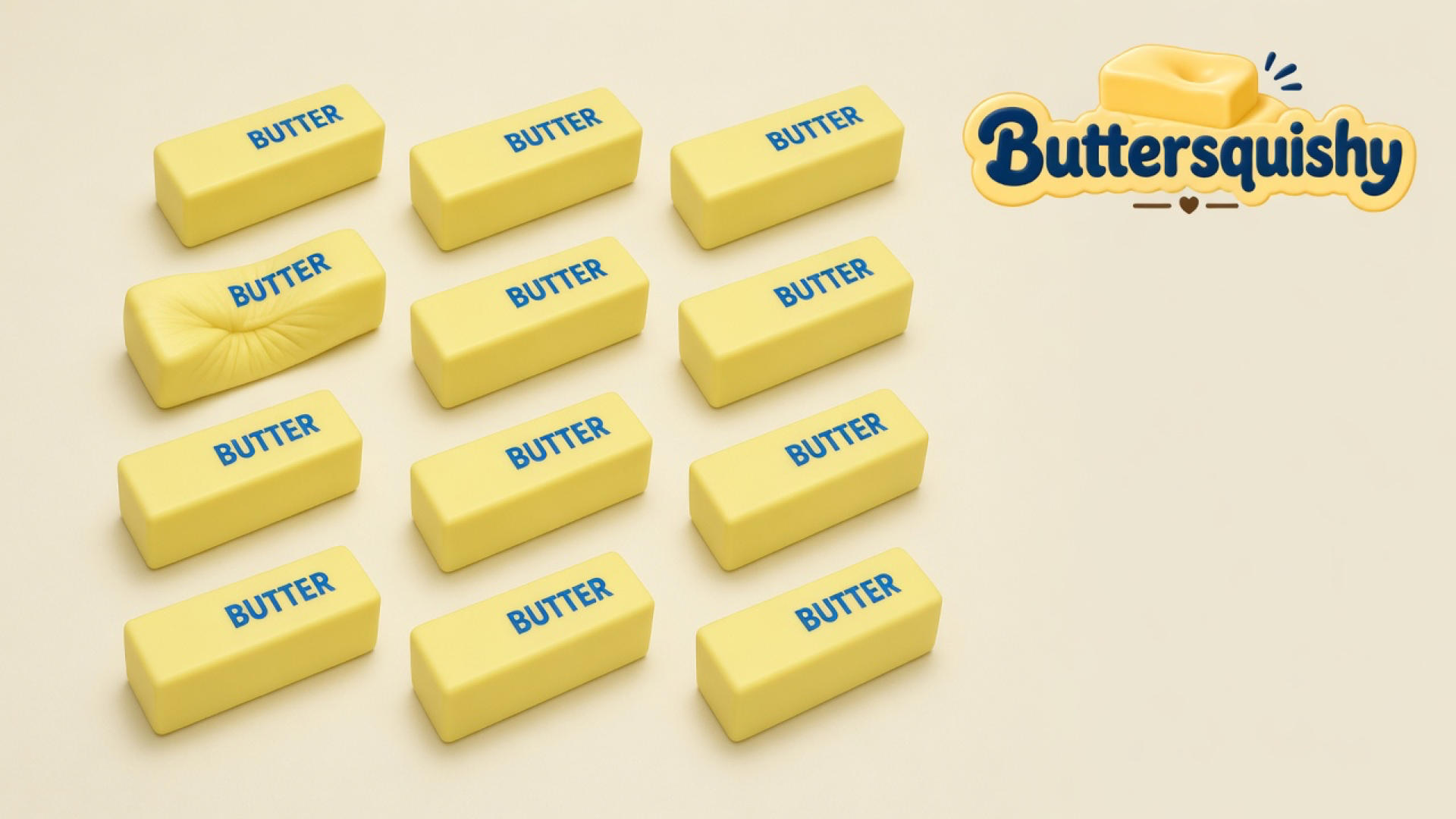 Twelve pale-yellow rectangular butter sticks with blue BUTTER prints on a soft light-yellow cream studio surface, one stick showing a thumb dent, Buttersquishy logo in the upper right