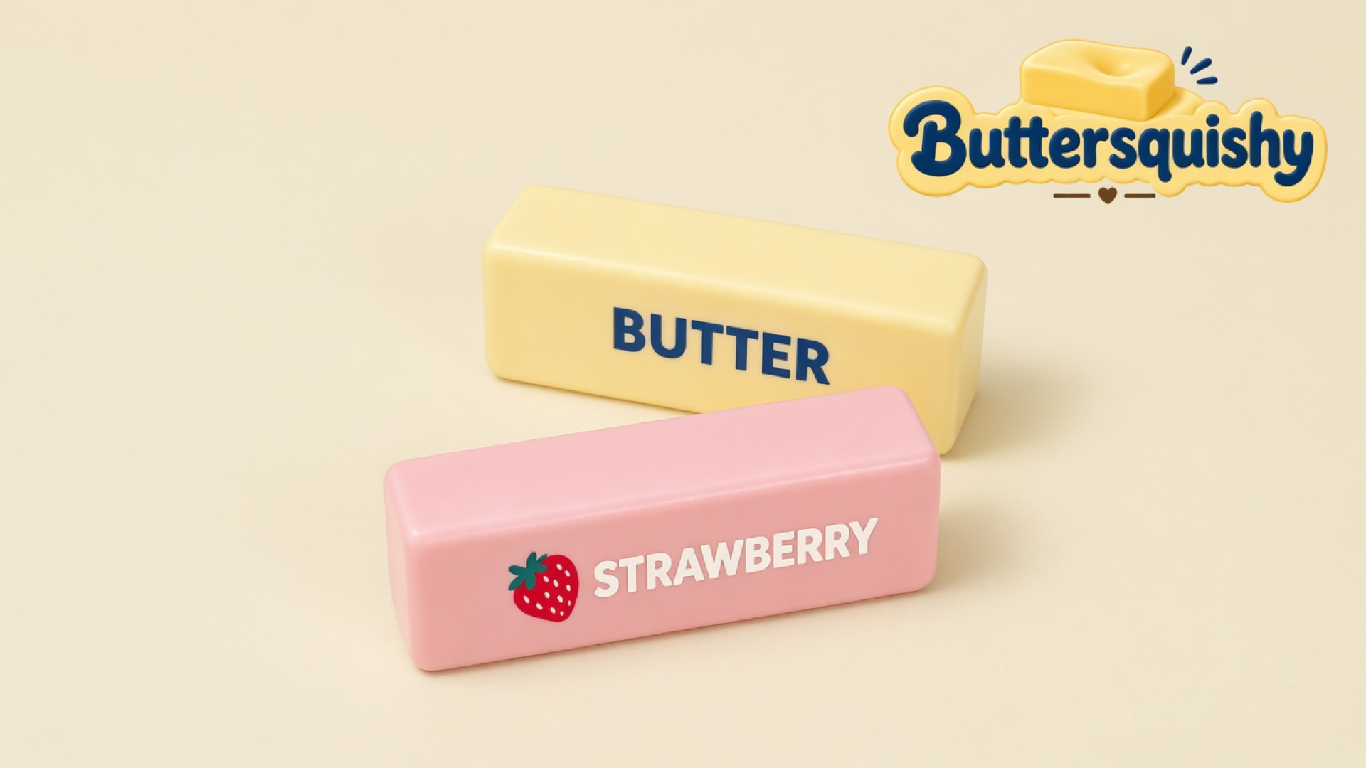 Pale yellow BUTTER loaf and pink STRAWBERRY loaf on a soft light-yellow cream studio surface, Buttersquishy logo in the upper right