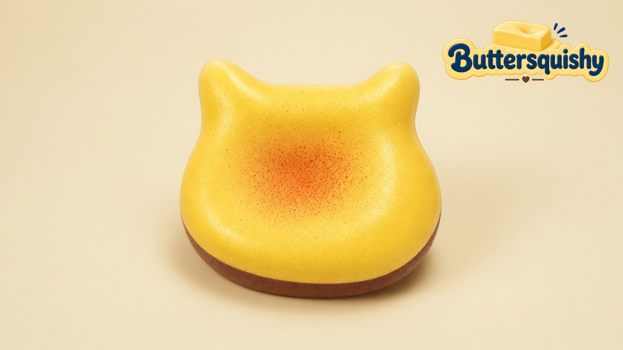 Golden-yellow toasted bread loaf squishy with two rounded peaks, an orange-red speckle spray on the face, and a brown crust band, on a soft light-yellow cream studio, Buttersquishy logo once at the upper right