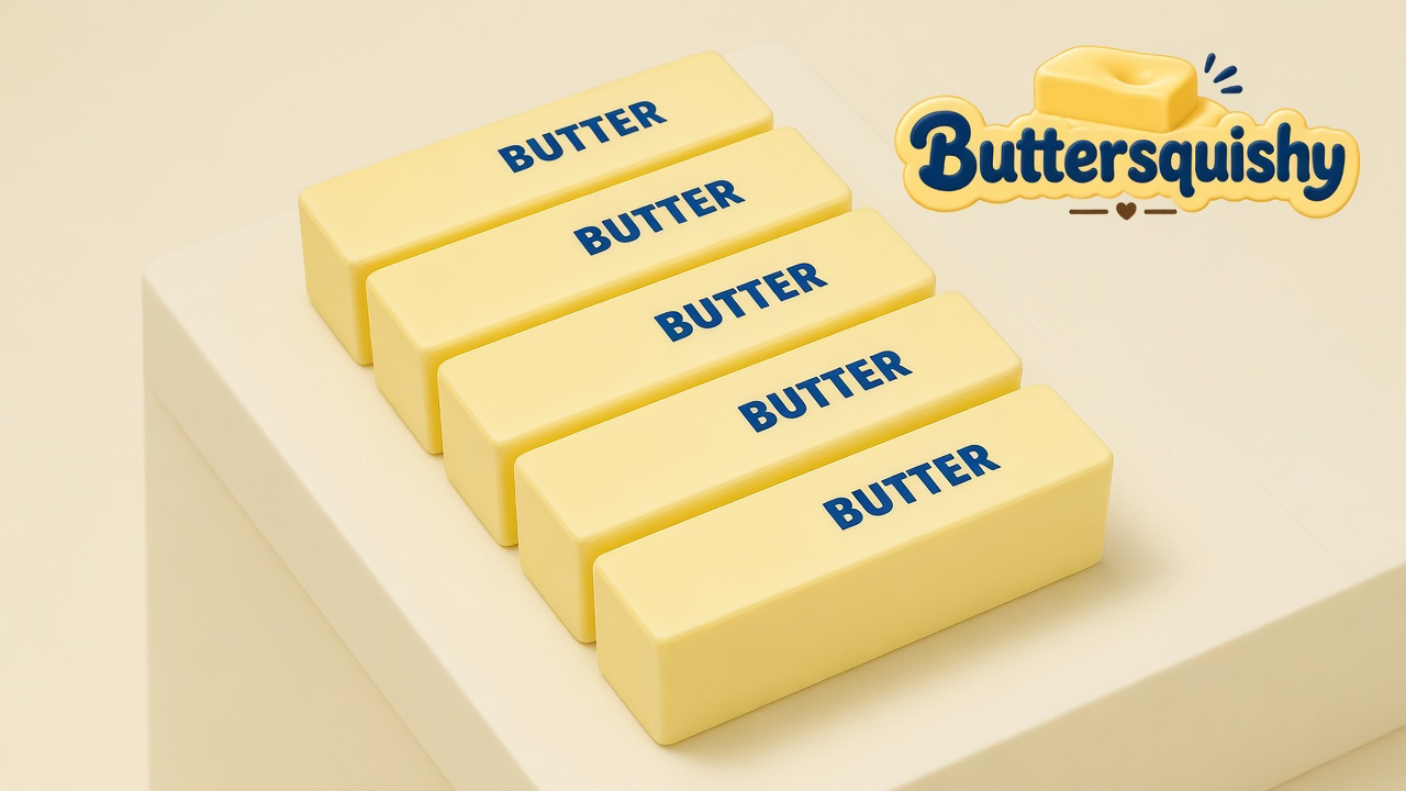 Five pale yellow butter sticks printed BUTTER on a light-yellow cream studio, Buttersquishy logo in the upper right