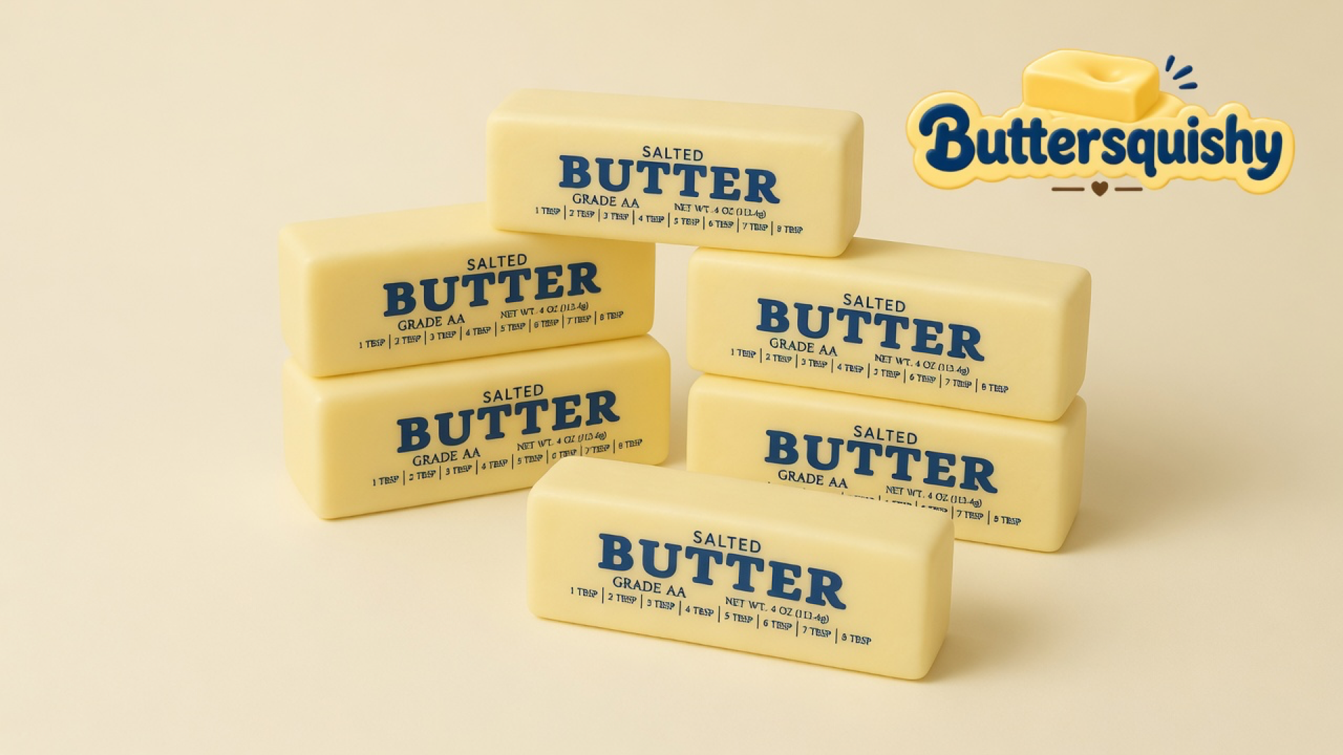 Six pale yellow Jumbo Butter Loaf sticks printed SALTED BUTTER GRADE AA on a light-yellow cream studio, Buttersquishy logo in the upper right
