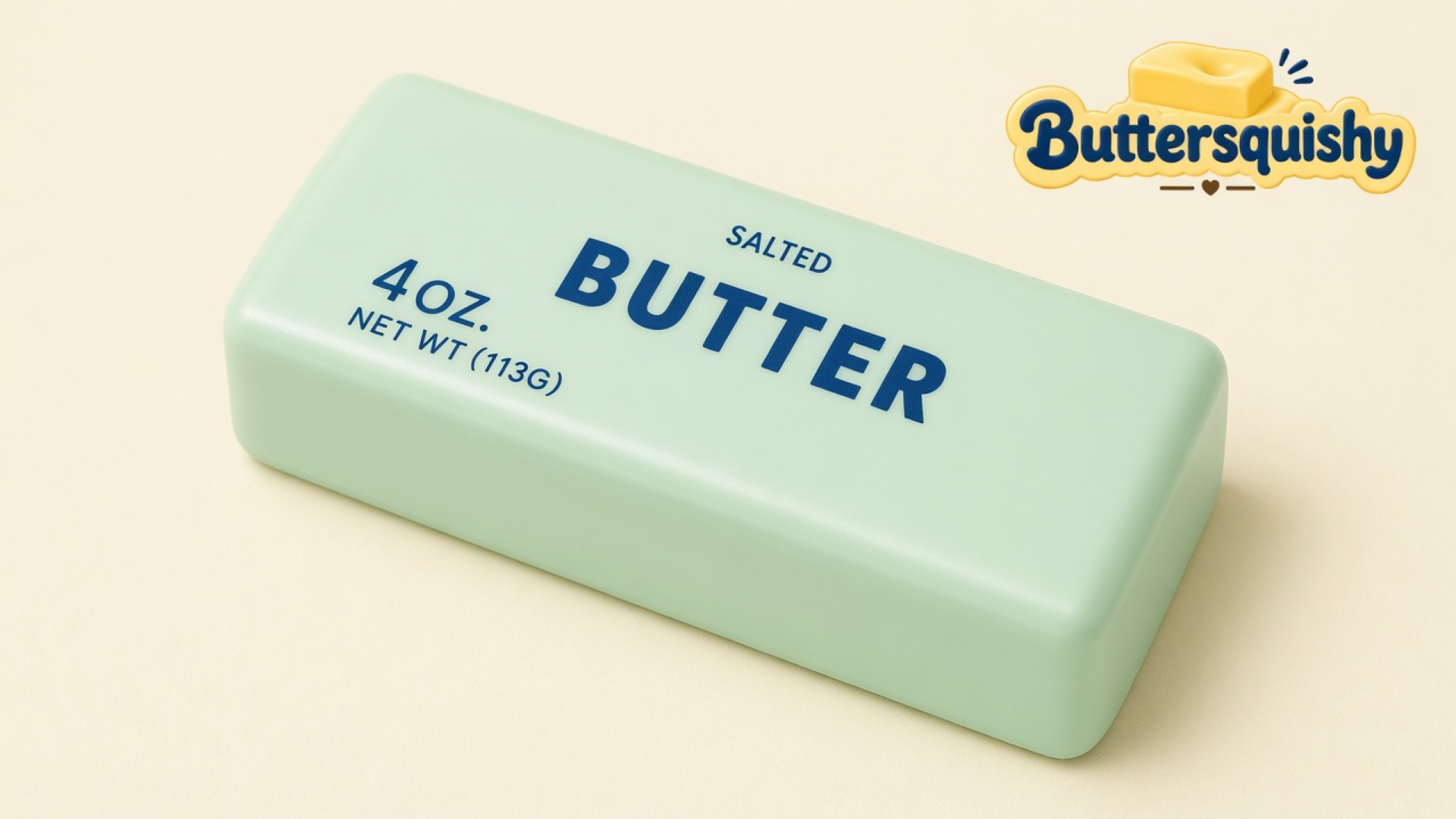 Pale mint-green Mint Lemon Crunch Butter loaf printed SALTED BUTTER and 4 OZ. NET WT (113G) on a light-yellow cream studio, Buttersquishy logo in the upper right