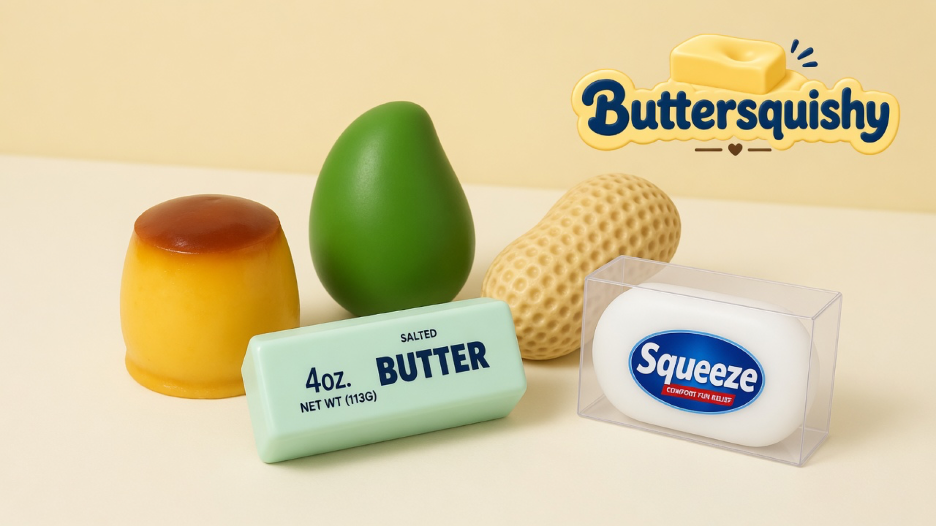 Five mixed crunchy toys — yellow caramel-top cup, green mango egg, dimpled peanut, mint SALTED BUTTER stick, and boxed Squeeze bar — on a light-yellow cream studio, Buttersquishy logo in the upper right