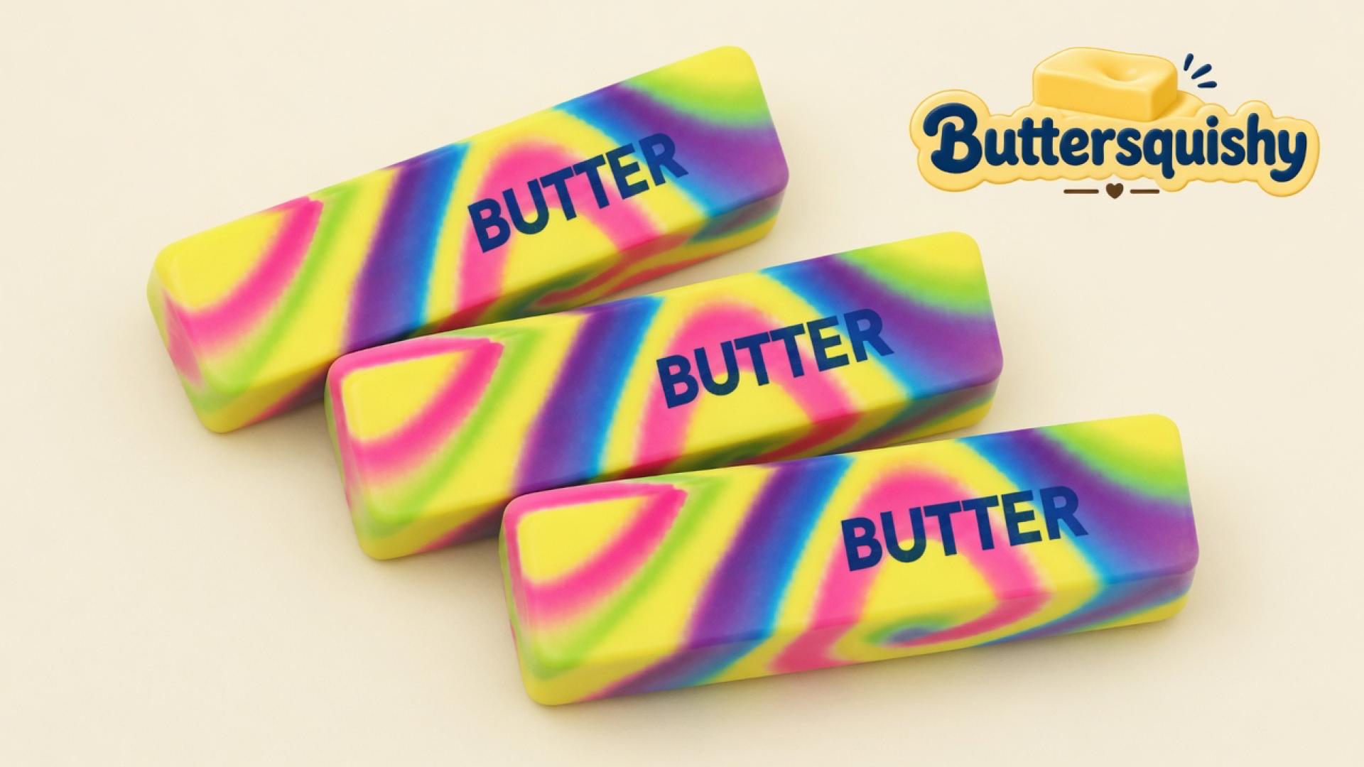 Three Neon Swirl Butter sticks with pink, yellow, lime, and purple swirls and navy BUTTER type on a light-yellow cream studio, Buttersquishy logo in the upper right