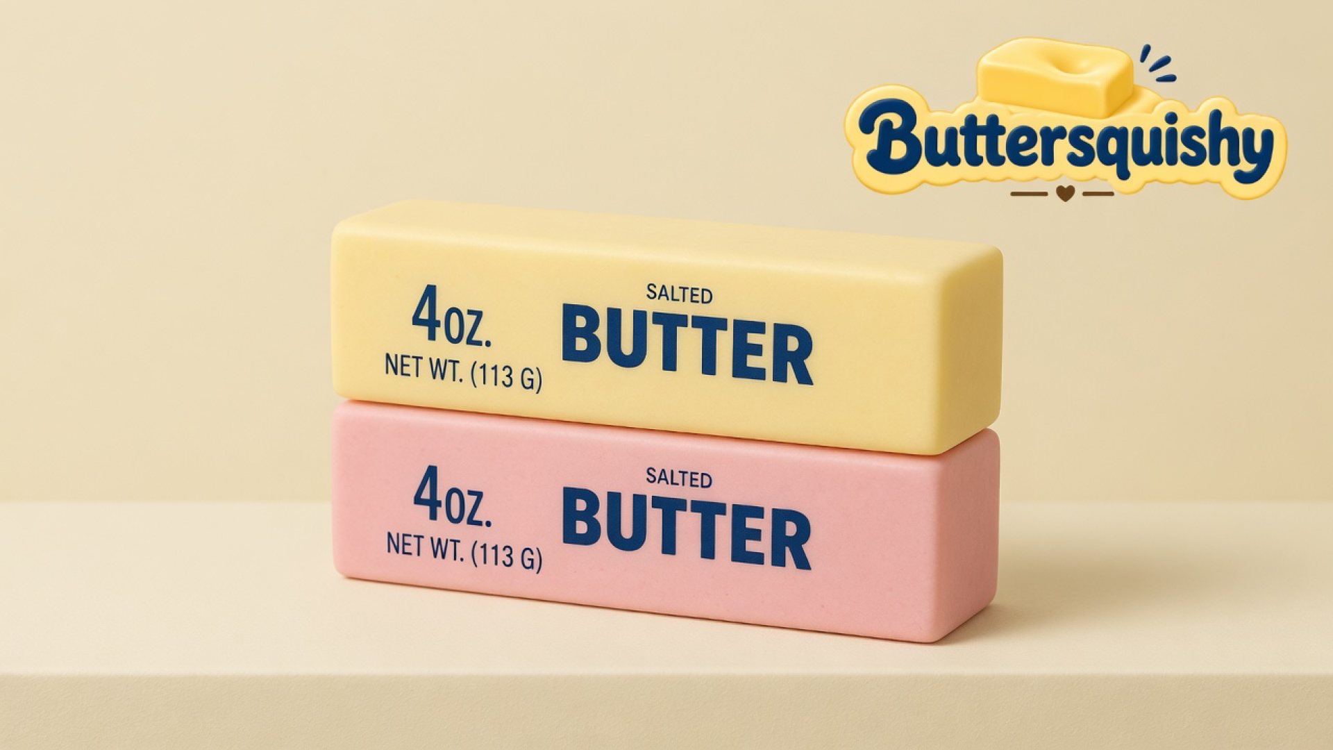 Pale yellow and pink rectangular SALTED BUTTER sticks stacked on a light-yellow cream studio ledge, Buttersquishy logo in the upper right
