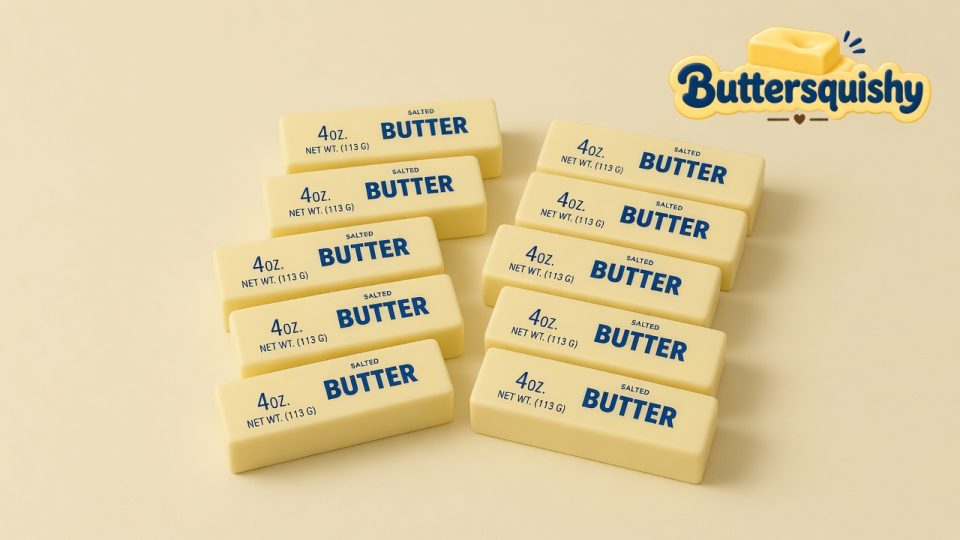 Ten pale-yellow Classic Butter Stick 4oz loaves printed with navy SALTED BUTTER and 4OZ type on a light-yellow cream studio surface, Buttersquishy logo in the upper right