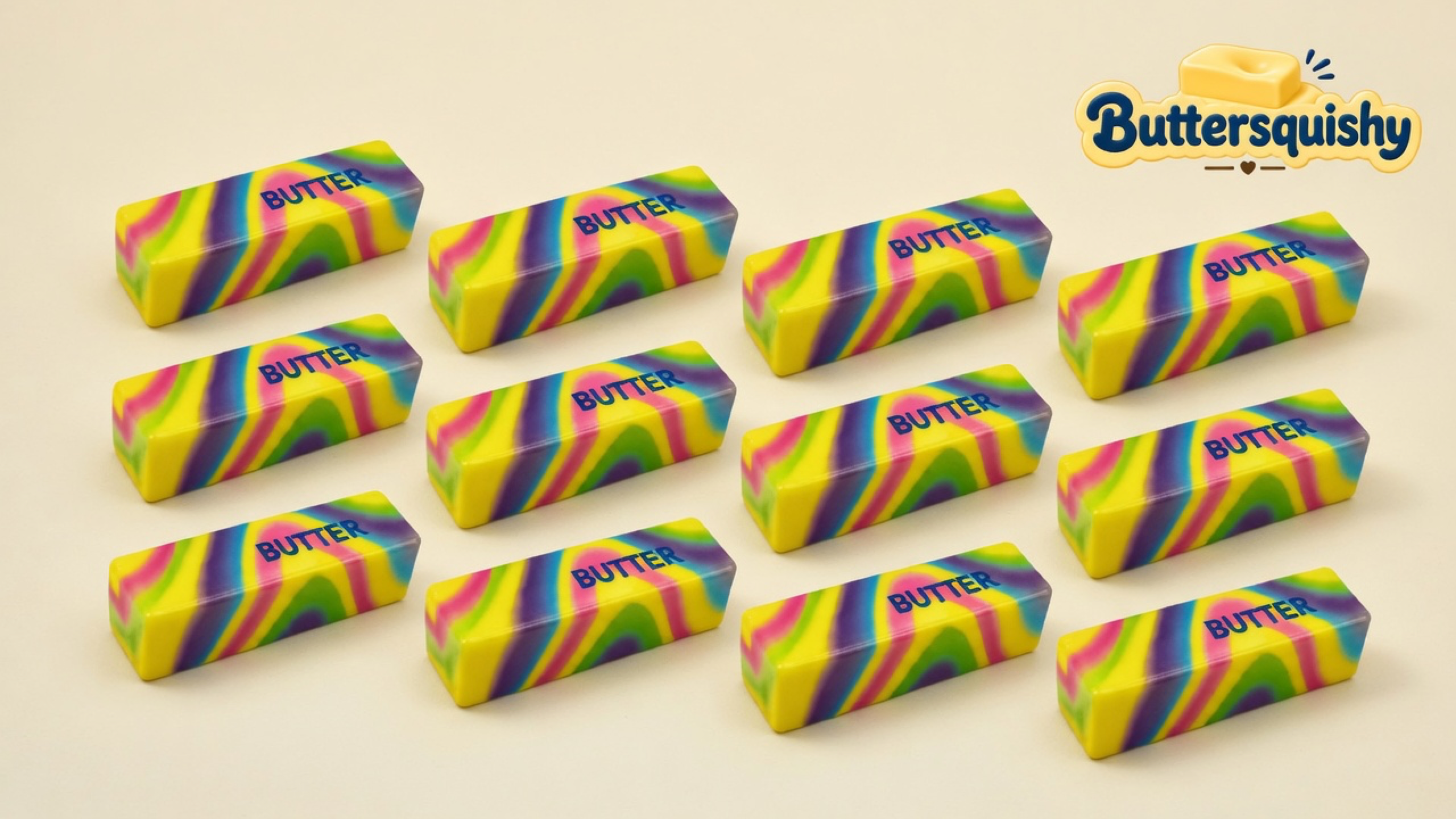 Twelve Neon Swirl Butter sticks with blended yellow-magenta-purple-lime swirls and navy BUTTER print on a light-yellow cream studio surface, Buttersquishy logo in the upper right