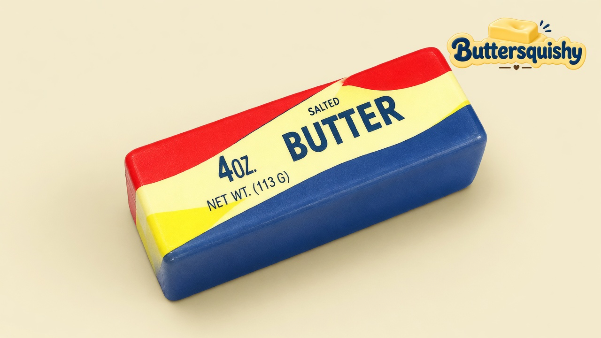 One Rainbow Stripe Butter stick with red, yellow, and blue bands and navy SALTED BUTTER print on a light-yellow cream studio surface, Buttersquishy logo in the upper right