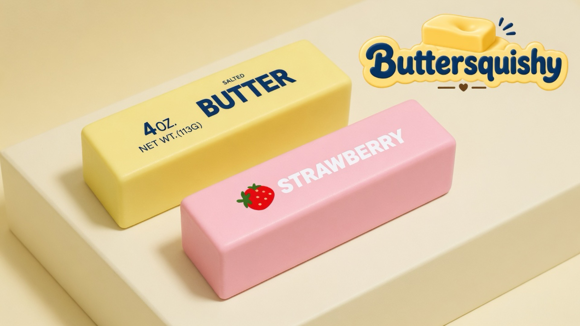 Pale yellow SALTED BUTTER loaf and pink STRAWBERRY loaf on a light-yellow cream studio platform, Buttersquishy logo in the upper right