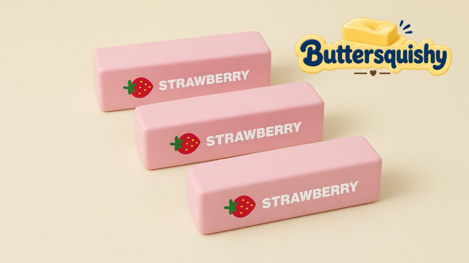 Three pale-pink strawberry butter sticks printed with a strawberry icon and white STRAWBERRY type on a light-yellow cream studio surface, Buttersquishy logo in the upper right