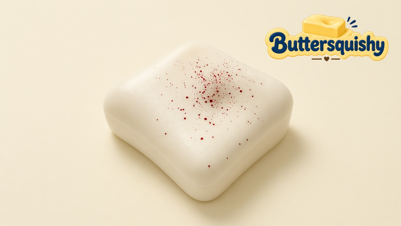 Cream Bread Toast Loaf with burgundy speckle print on a light-yellow cream studio, Buttersquishy logo upper right