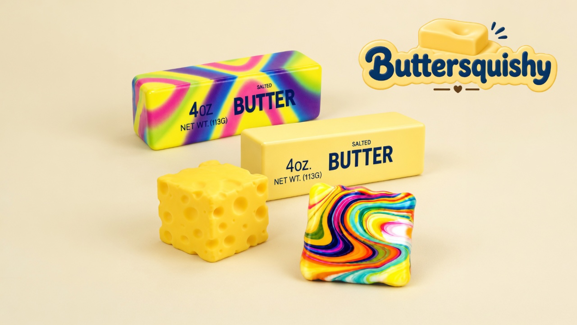 Four Cheese Cube Loaf 4-Pack toys — rainbow swirl stick, pale yellow SALTED BUTTER stick, holey cheese cube, and rainbow swirl square — on a soft light-yellow cream studio, Buttersquishy logo in the upper right