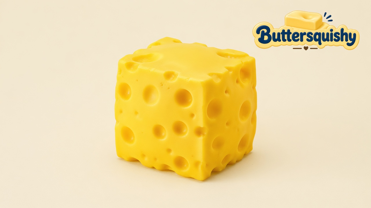 One cheddar-yellow holey Cheese Cube Loaf on a soft light-yellow cream studio surface, Buttersquishy logo in the upper right
