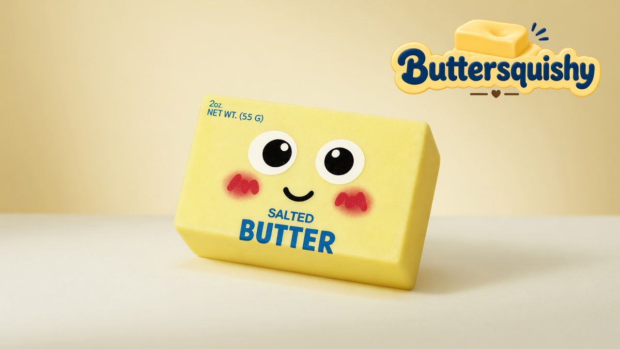 Pale yellow Face Cube Butter loaf with cartoon eyes, red blush, and blue SALTED BUTTER type on a soft light-yellow cream studio, Buttersquishy logo in the upper right