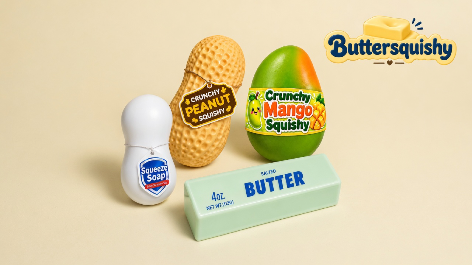 Mint SALTED BUTTER loaf, ridged peanut, green-orange mango, and white Squeeze Soap bottle on a light-yellow cream studio, Buttersquishy logo upper right