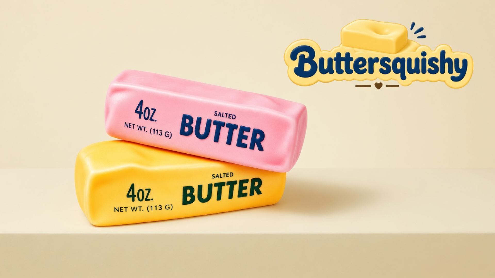 Candy-pink salted-butter loaf stacked on a yellow-orange salted-butter loaf on a light-yellow cream studio surface, Buttersquishy logo in the upper right