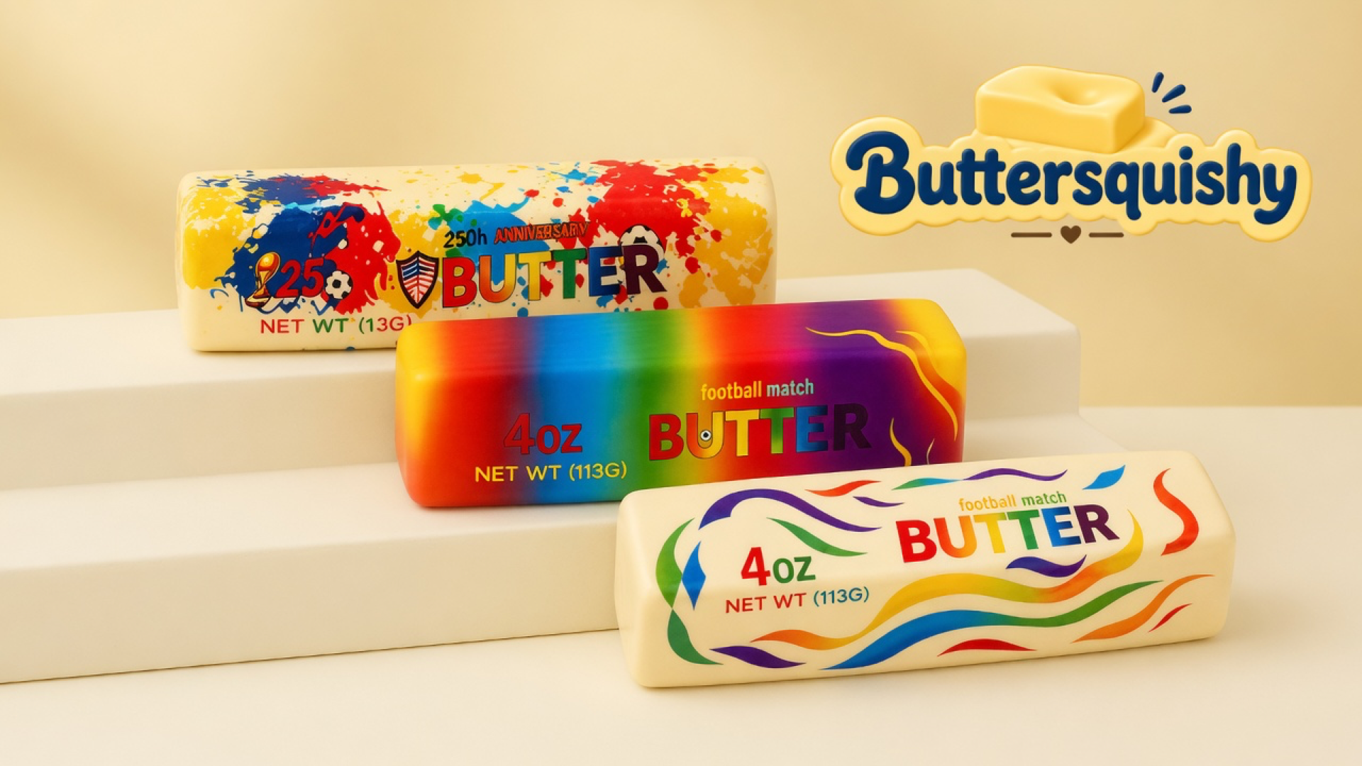 Three cream Splash Marble Butter loaves — paint-splash, rainbow fade, and ribbon-wave — on a light-yellow cream studio platform, Buttersquishy logo in the upper right