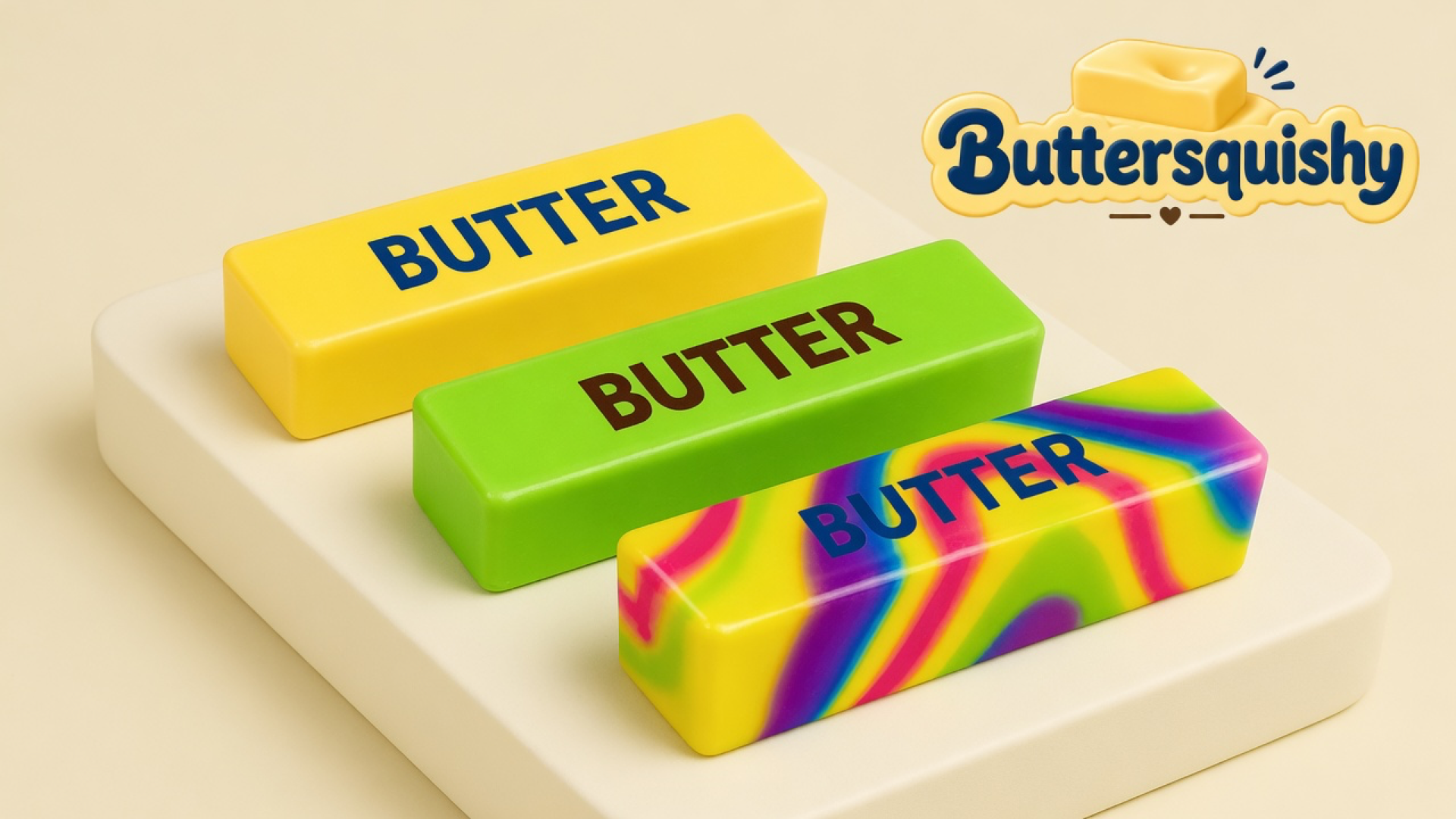 Three rectangular butter-stick toys — solid yellow with navy BUTTER, lime green with brown BUTTER, and a rainbow swirl with navy BUTTER — on a soft light-yellow cream studio platform, Buttersquishy logo in the upper right