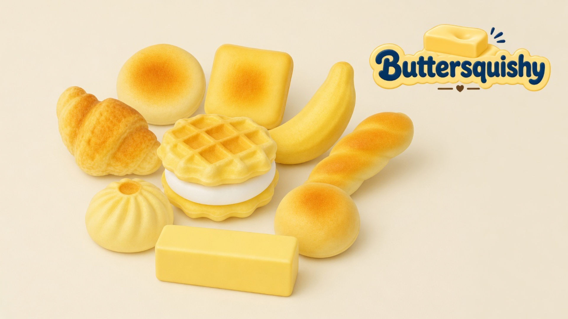 Nine bakery-look Bread Toast Loaf toys — croissant, toasted buns, square toast, banana, baguette, bao, waffle sandwich, and a yellow butter stick — on a light-yellow cream studio surface, Buttersquishy logo in the upper right