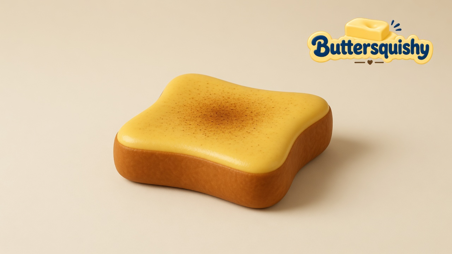 A single Bread Toast Loaf toast-slice toy with a yellow butter face, brown toasted speckle, and caramel crust on a light-yellow cream studio surface, Buttersquishy logo once at the upper right