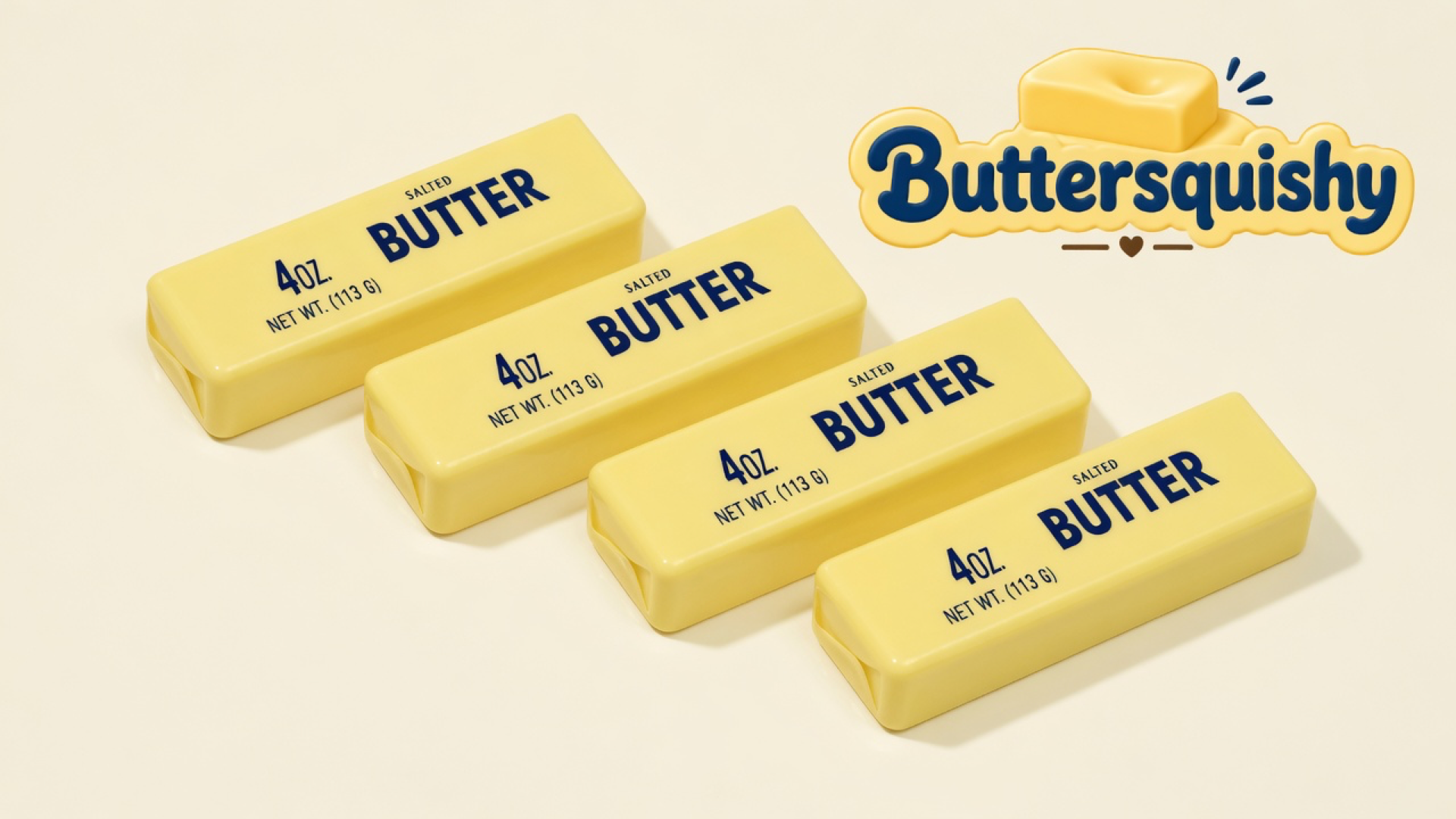 Four matching pale-yellow grocery-wrap Cheese Cube Loaf 4-Pack sticks with navy SALTED BUTTER print on a cream studio sweep, Buttersquishy logo once at the upper right