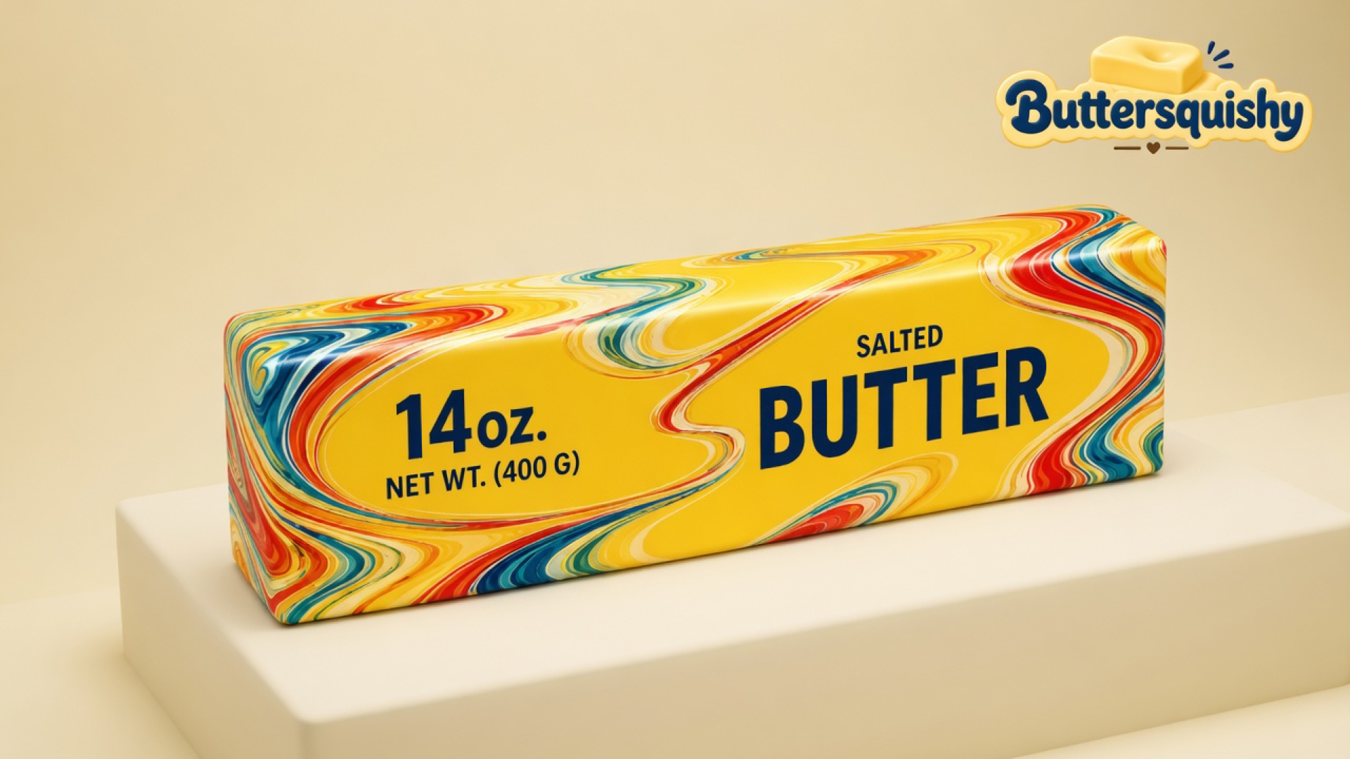 A single Jumbo Swirl Loaf 14oz yellow butter-shaped toy with red-orange-teal marble swirls and navy SALTED BUTTER type on a light-yellow cream studio pedestal, Buttersquishy logo once at the upper right