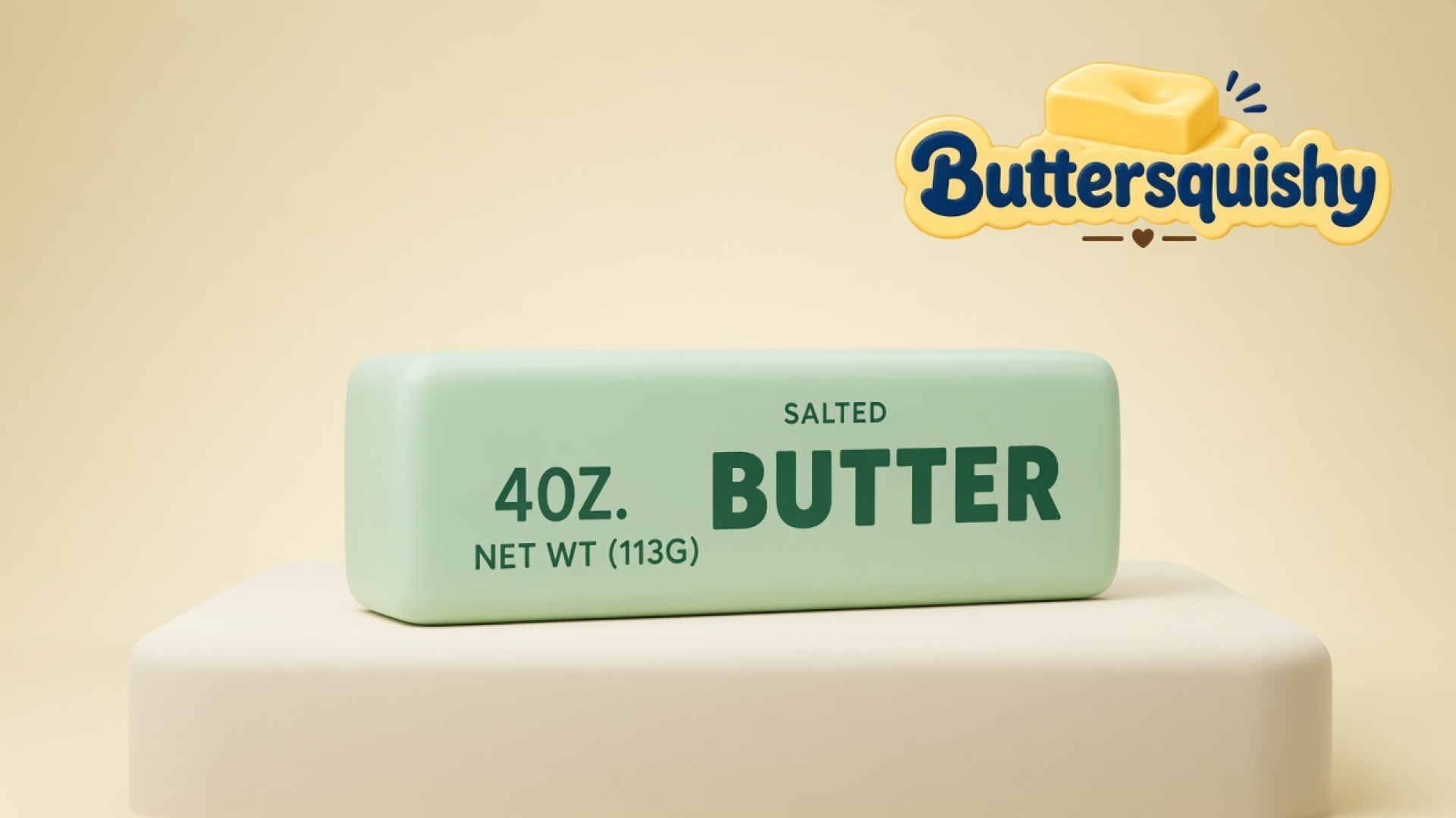 Pale mint-green Mint Butter Stick loaf printed 4OZ. NET WT (113G) and SALTED BUTTER on a light-yellow cream studio pedestal, Buttersquishy logo once at the upper right