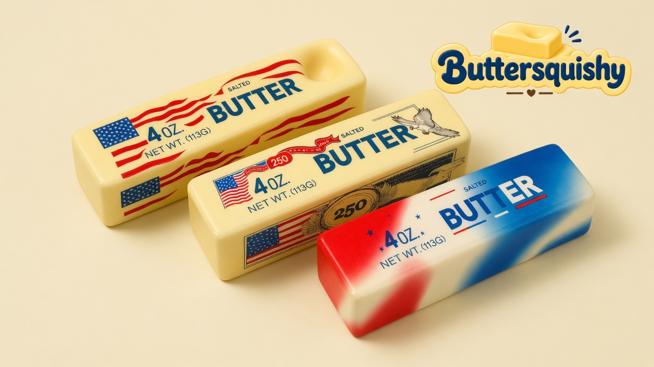 Three Stars and Stripes Butter sticks — a wave-flag loaf, an eagle-250 loaf, and a red-white-blue spray loaf — on a light-yellow cream studio surface, Buttersquishy logo in the upper right