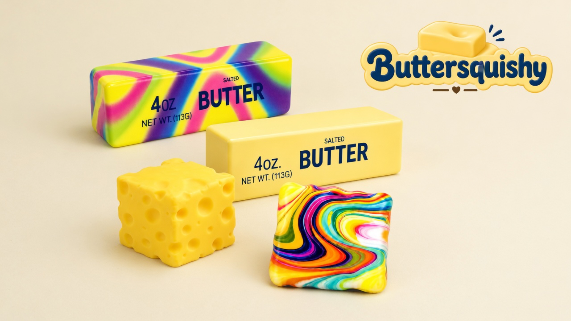 Rainbow SALTED BUTTER stick, pale yellow SALTED BUTTER stick, holey cheese cube, and rainbow swirl square on a light-yellow cream studio, Buttersquishy logo in the upper right