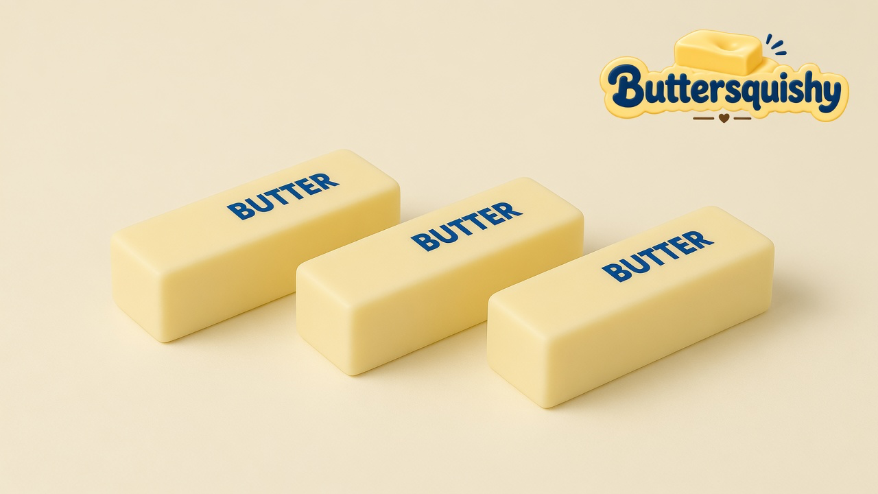 Three pale yellow Classic Butter Stick loaves printed BUTTER on a light-yellow cream studio surface, Buttersquishy logo in the upper right