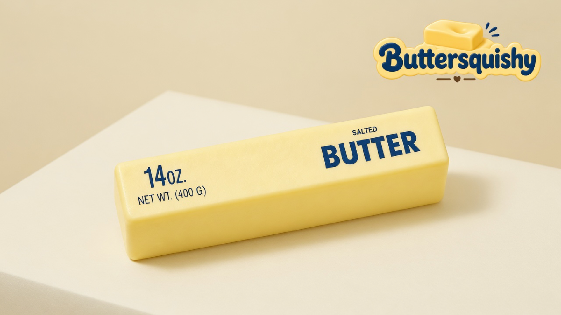 Long pale-yellow Jumbo Butter Loaf 14oz with navy SALTED BUTTER and 14 OZ print on a light-yellow cream studio block, Buttersquishy logo in the upper right