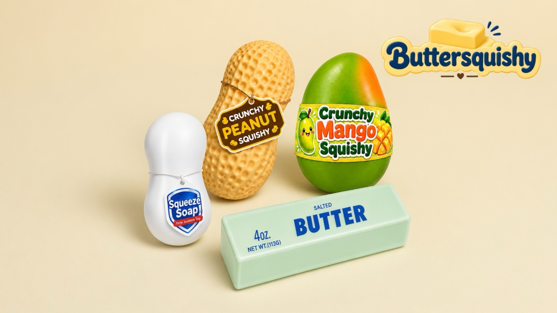 White squeeze-soap bottle, dimpled peanut, green-orange mango, and mint salted-butter loaf on a light-yellow cream studio floor, Buttersquishy logo in the upper right