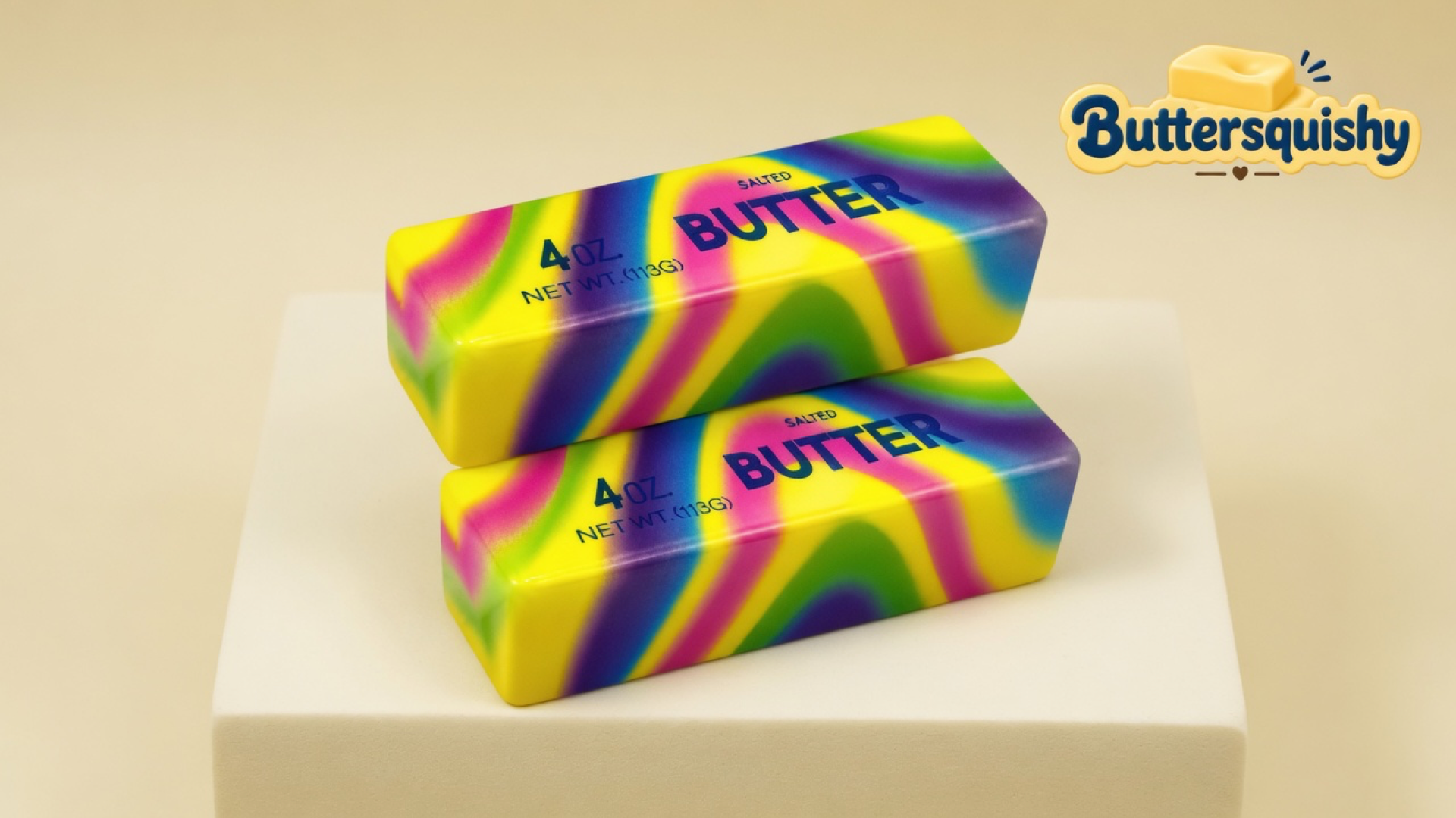 Two Neon Swirl Butter loaves with melted yellow-pink-purple-green swirl and navy SALTED BUTTER type on a light-yellow cream studio block, Buttersquishy logo in the upper right
