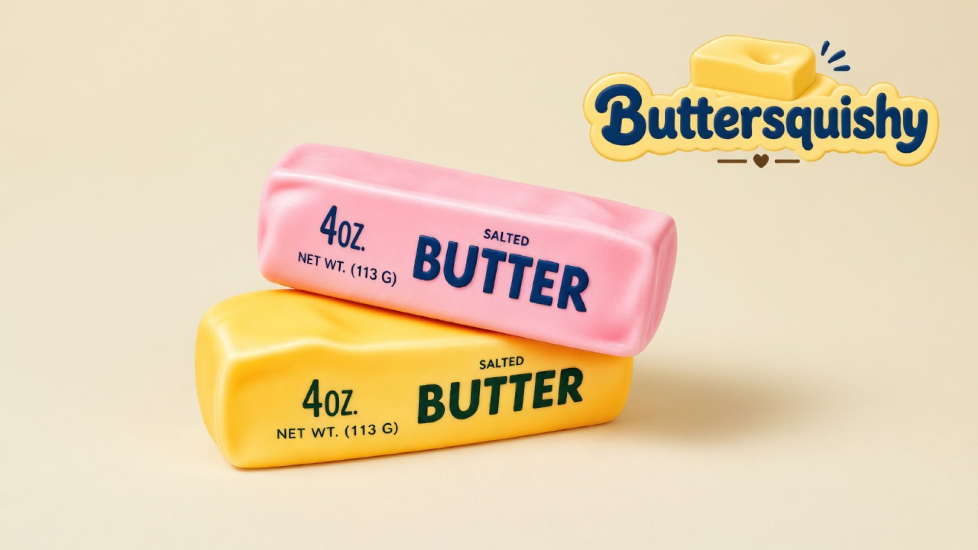 Pink and yellow-orange Pink Orange Crunch Butter sticks printed SALTED BUTTER on a light-yellow cream studio background, with the Buttersquishy logo in the upper right