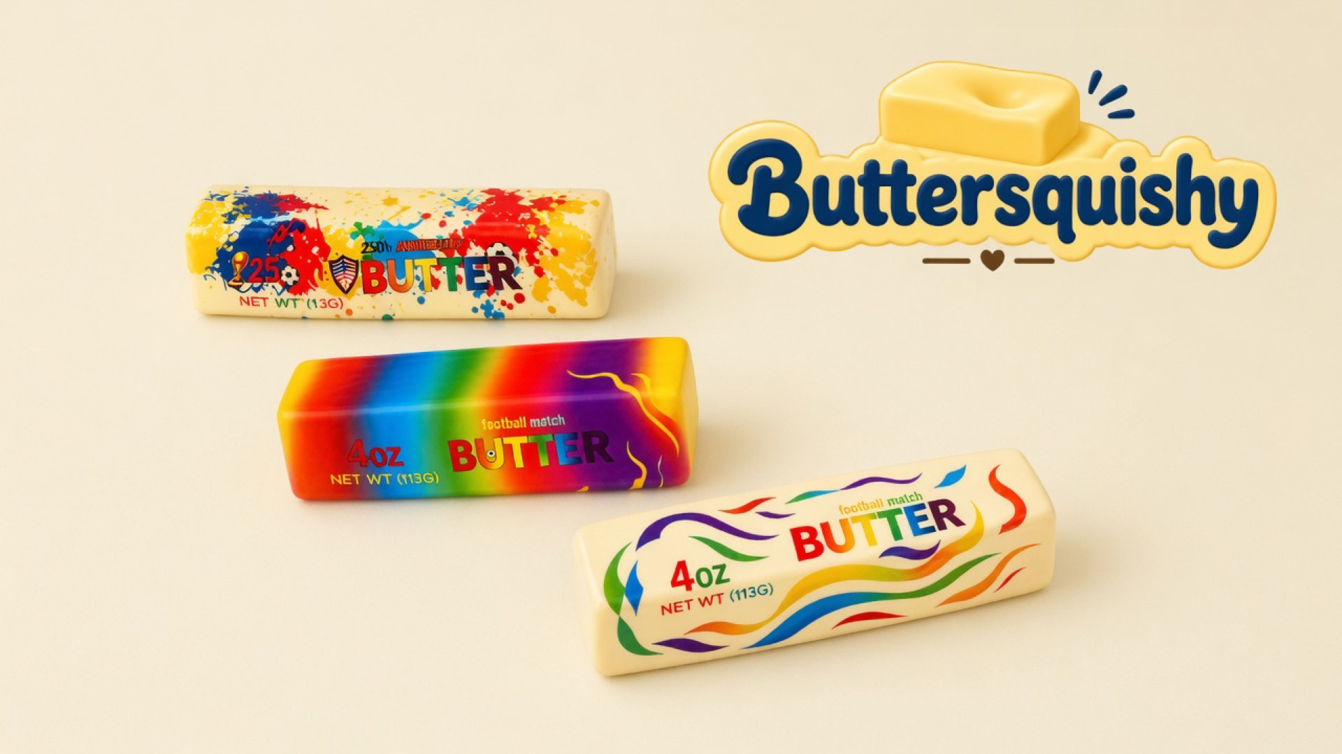 Three Splash Marble Butter loaves — paint-splatter, rainbow fade, and ribbon-wave cream sticks — on a light-yellow cream studio surface, Buttersquishy logo in the upper right