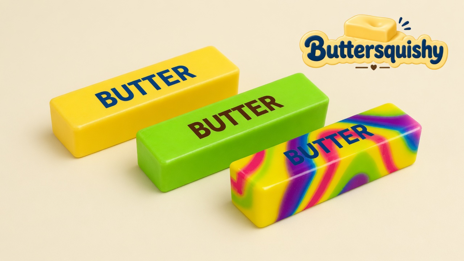 Yellow BUTTER stick, lime-green BUTTER stick, and a rainbow marble swirl loaf on a light-yellow cream studio, Buttersquishy logo in the upper right