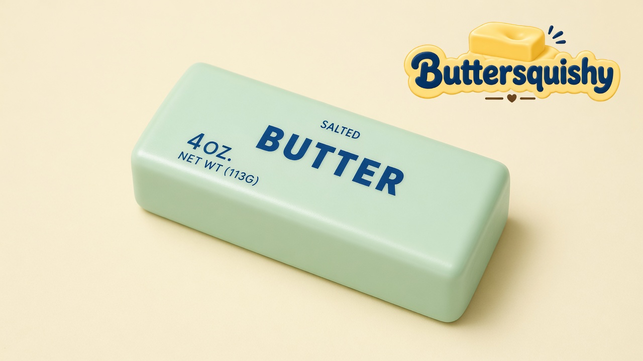 One pale mint-green Mint Lemon Crunch Butter stick printed SALTED BUTTER on a cream studio background, with the Buttersquishy logo in the upper right
