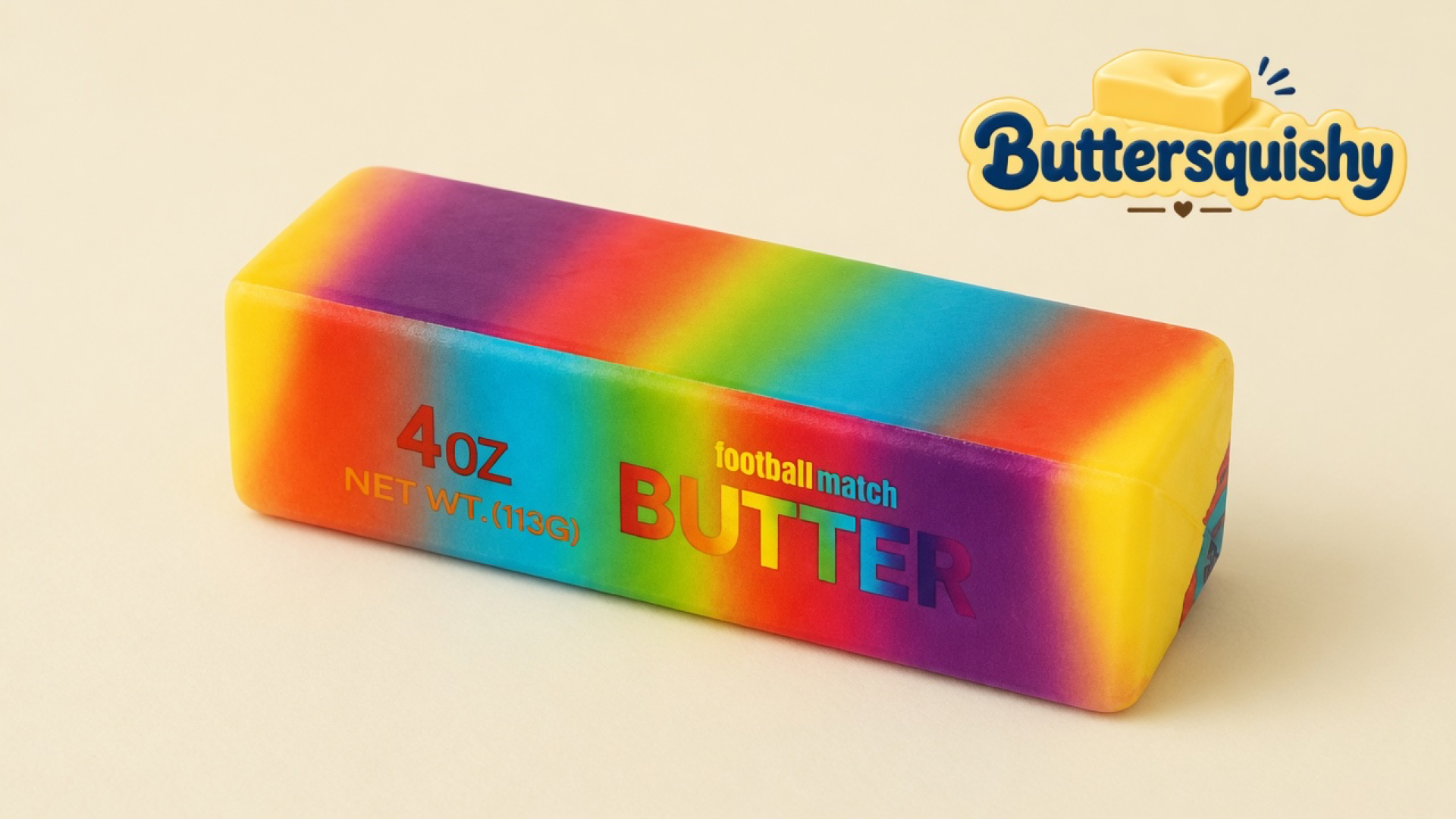 One rainbow Candy Gradient Butter stick with 4OZ and football-match BUTTER print on a light-yellow cream studio, Buttersquishy logo in the upper right