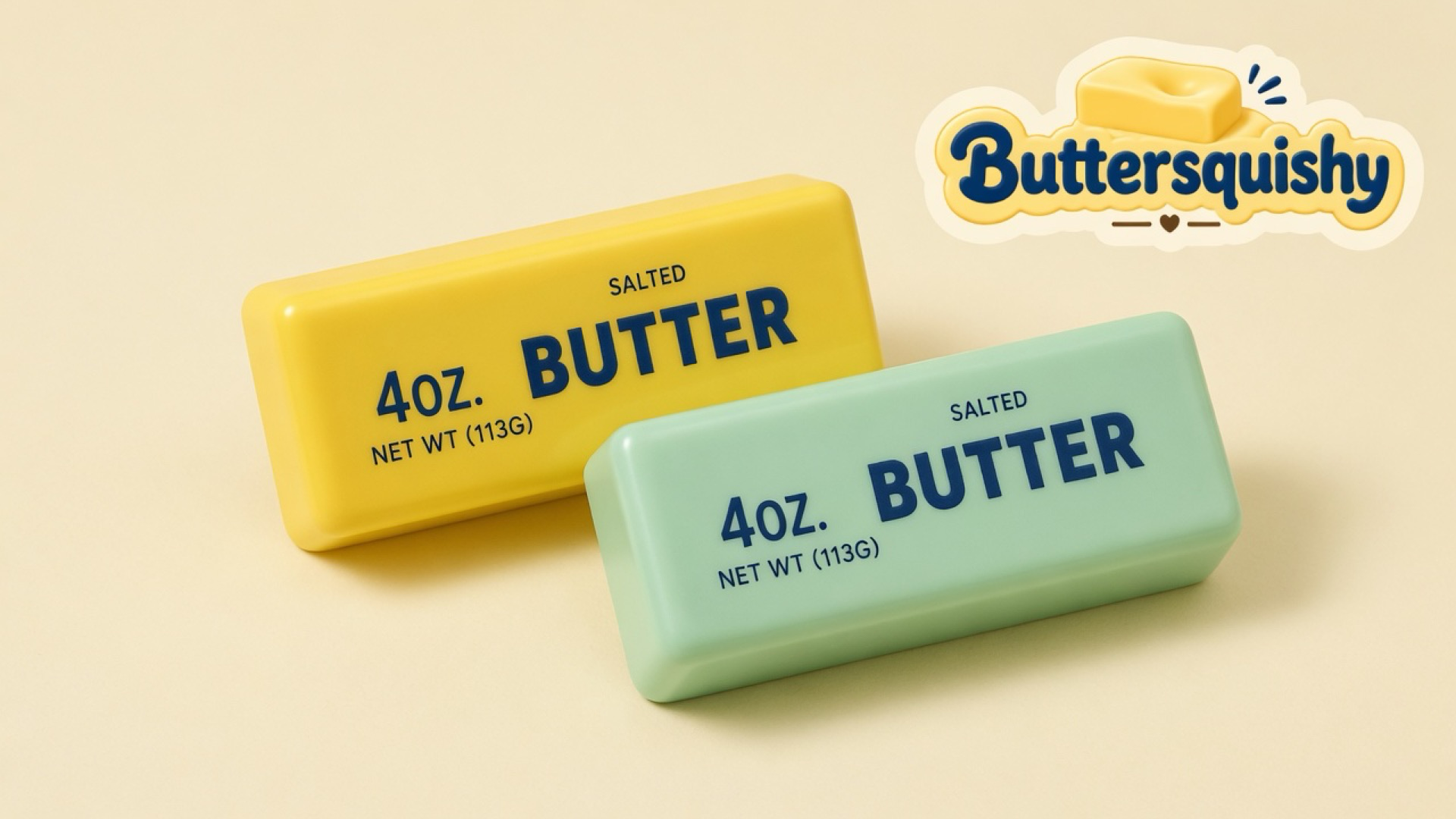 Two rectangular Mint Lemon Crunch Butter sticks, one lemon-yellow and one pale mint-green, printed 4OZ SALTED BUTTER, on a light-yellow cream studio, Buttersquishy logo at upper right