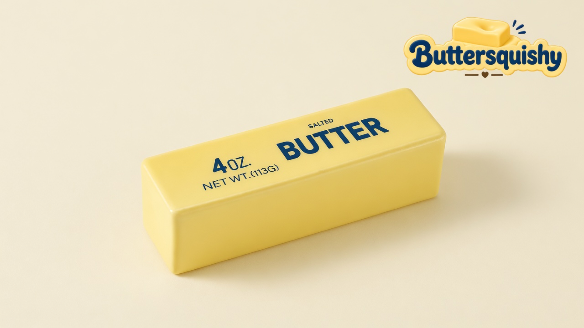 Pale-yellow Mixed Butter Pack loaf printed 4OZ NET WT.(113G) SALTED BUTTER on a light-yellow cream studio, Buttersquishy logo in the upper right
